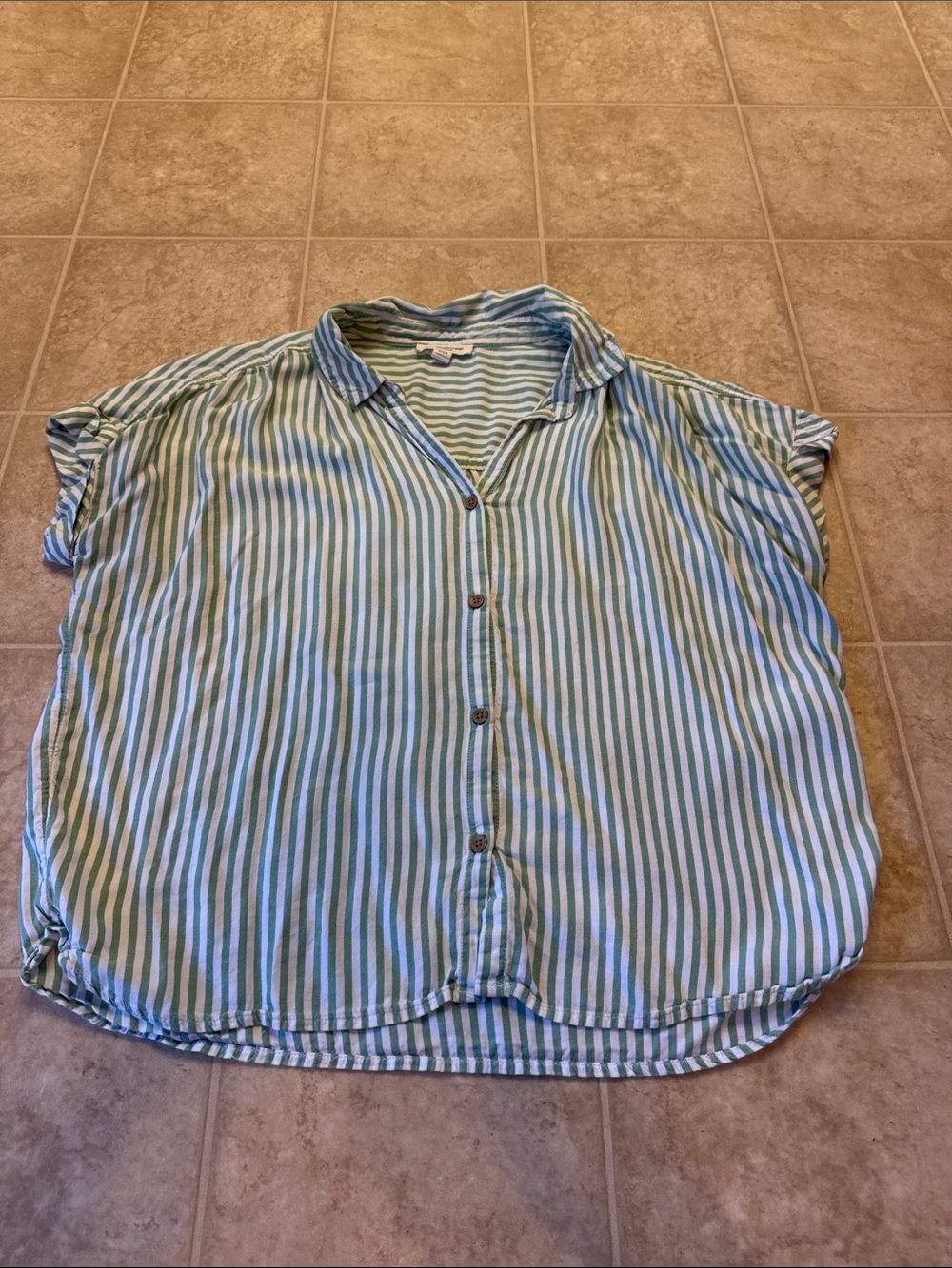 Casual Teal Green and White Striped Button-Front Women’s Shirt